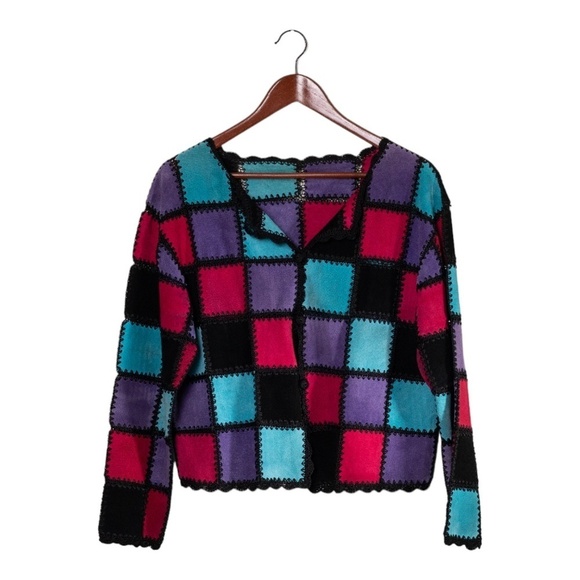Vintage Suede Patchwork Jacket Size Medium Multicolor Boxy 70s Boho Artsy - Picture 13 of 13